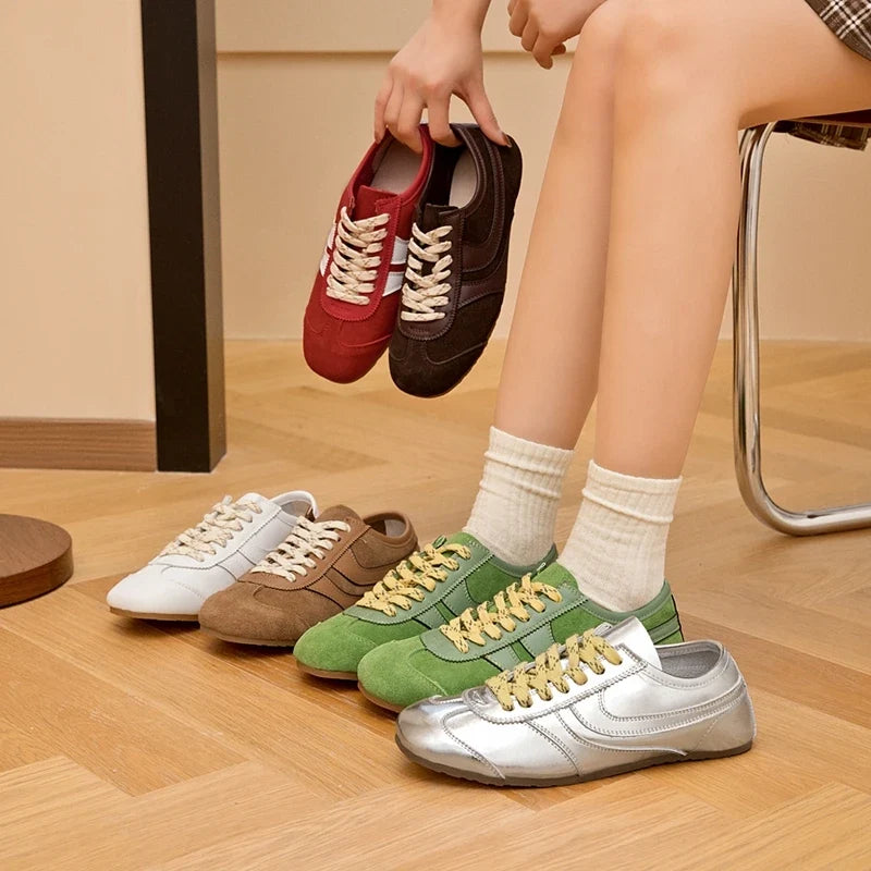 German Training Shoes Women 2026 New Genuine Leather Women Sneakers Flat Lace-up Retro Large Size Forrest Gump Shoes Women LadyShow.Store