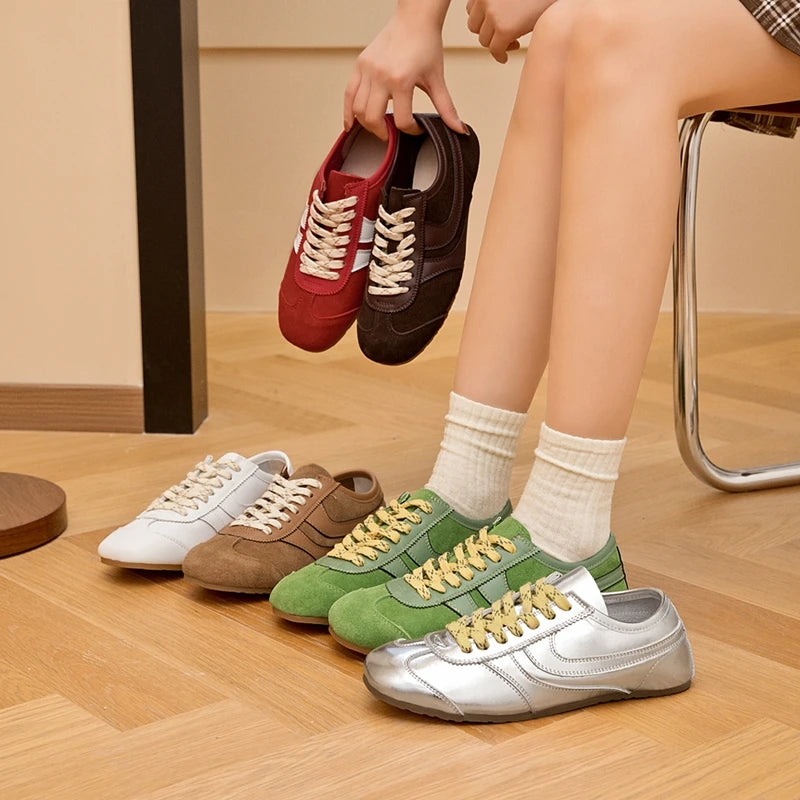 German Training Shoes Women 2026 New Genuine Leather Women Sneakers Flat Lace-up Retro Large Size Forrest Gump Shoes Women Pi-Mart