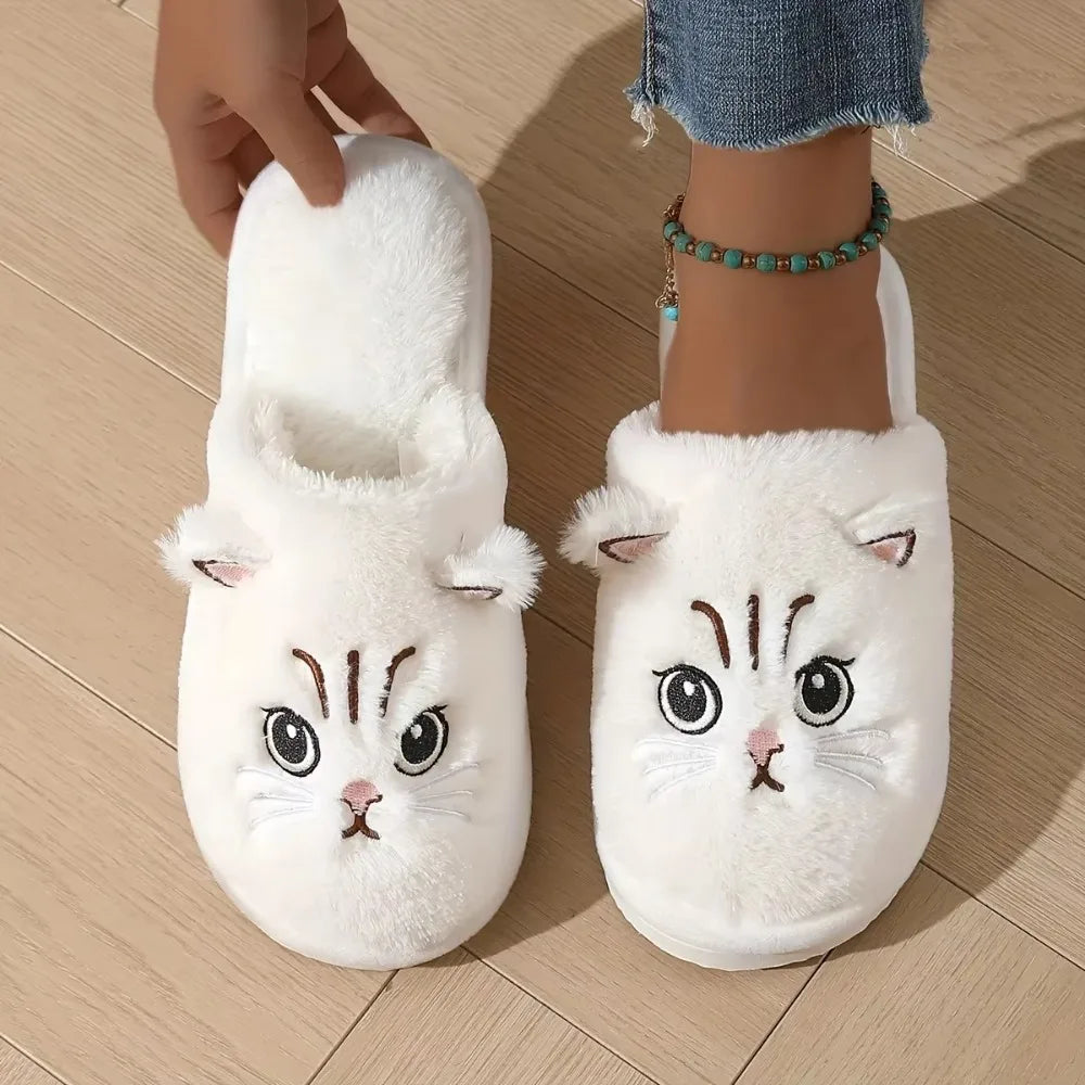 Womens Plush Cat Slippers Winter Warm Cozy Indoor House Shoes Soft EVA Sole Non-Slip Design LadyShow.Store