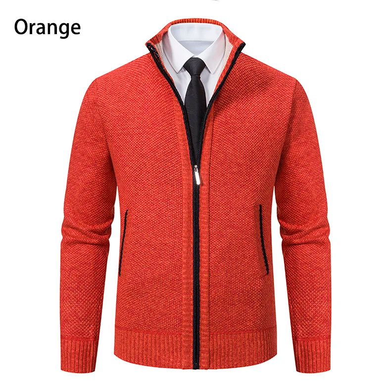 Autumn And Winter New Jersey Men's Casual Sports Coat Solid Color Stand Collar Wweater Grab Fleece Warm Zipper Cardigan Pi-Mart