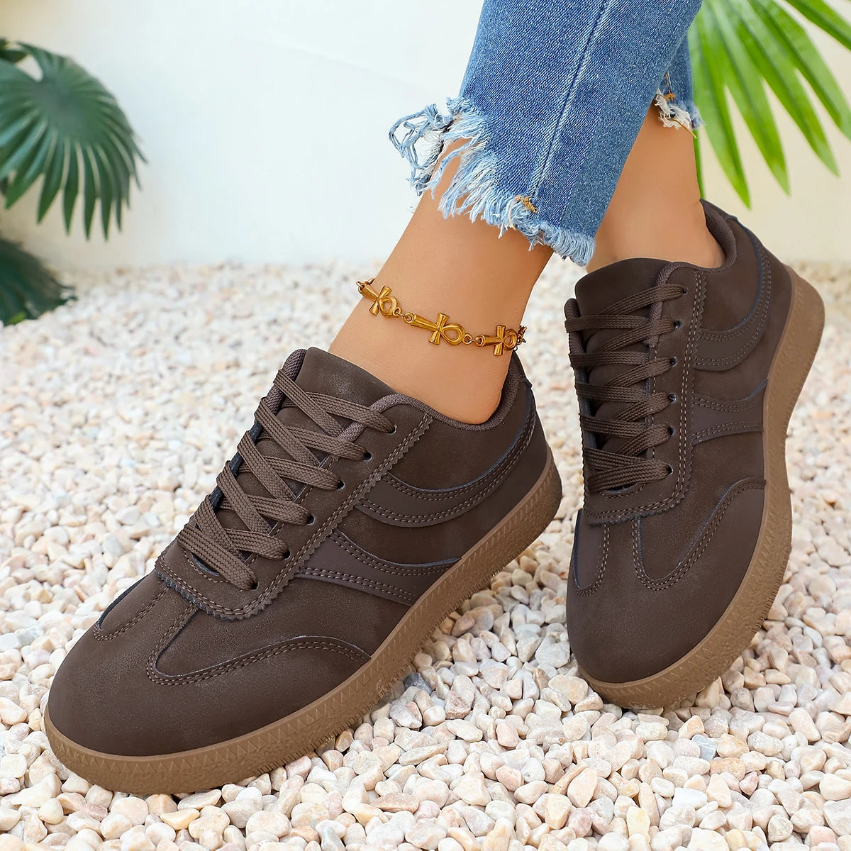 Retro Brown Platform Sneakers Women 2026 Flat Trend German Training Shoes Woman Plus Size 43 Non-slip Thick Sole Vulcanize Shoes Pi-Mart