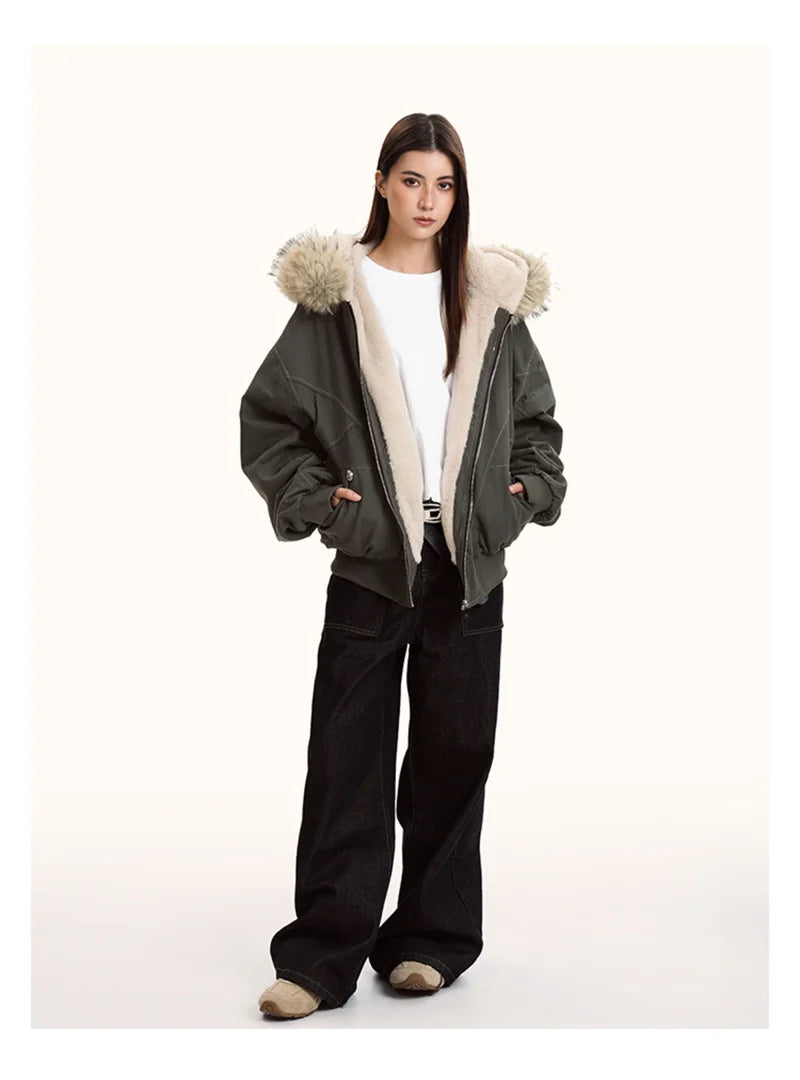 ZAROY Fur Collar Hooded Parkas Y2k Harajuku Thicken Padded Jackets Casual Zipper Gothic Women&Men Winter Coats Streetwear кур Pi-Mart