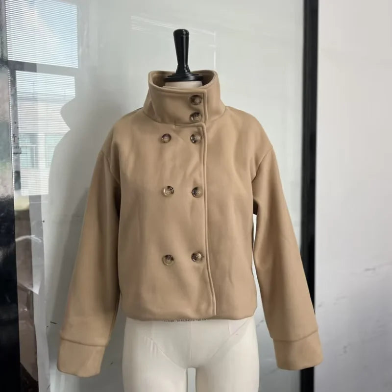 Fashion Short Woolen Coat For Women Stand Collar Full Sleeve Loose Zipper Jacket Female 2025 Spring Autumn Solid Lady Outwear LadyShow.Store