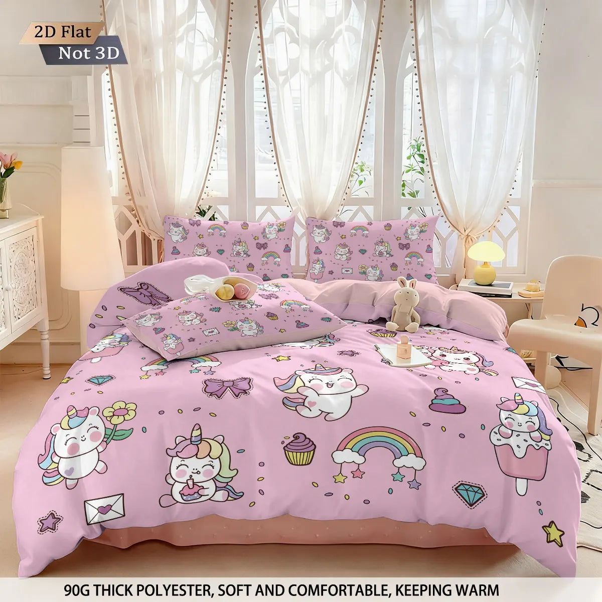3pcs Cartoon Cute Unicorn Printed Coreless Down Duvet Cover Set, Multi Size Bedroom Bedding Decoration, Machine Washable Pi-Mart
