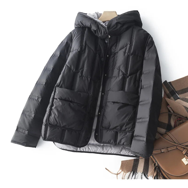 90% White Duck Down Women Down Jackets 2023 New Female Stand Collar Single-Breasted Puffer Jacket Casual Loose Hooded Parkas LadyShow.Store