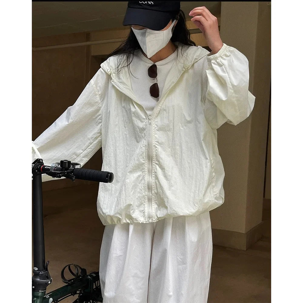 HanOrange 2026 Summer Light Transparent Hooded Zipper Sunscreen Jacket Women Loose Silhouette Thin Long Sleeve Jacket Female' LadyShow.Store