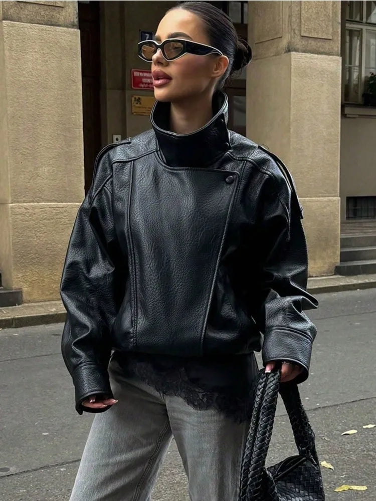 Fake leather Coat Women Y2k Faux Leather Jacket New Casual PU Jacket Motorcycle Style Leather Jacket Pebble Fall Personality LadyShow.Store