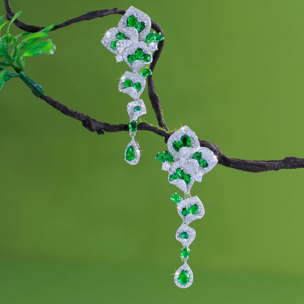 CWWZircons Elegant Green CZ Crystal Flower Water Drop Long Dangle Earrings for Women Beautiful Wedding Party Jewelry Gifts E1159 Pi-Mart