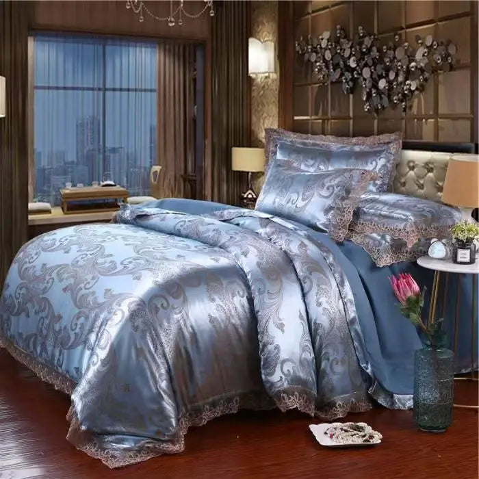 Luxury Jacquard Bedding Set Tencel Modal Duvet Cover 4PCS with Lace Satin Bed Sheet Pillowcases King and Queen Size Home Textile LadyShow.Store