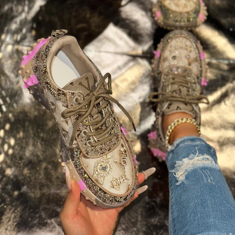 Luxury Designer Women's Sneakers Fashion Luxury Rhinestone Ladies Shoes 2026 New Outdoor Platform Female Sports Shoes Vulcanize Pi-Mart