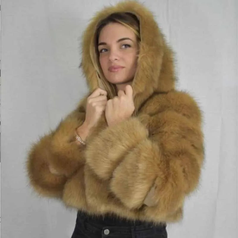 High Quality Furry Cropped Faux Fur Coats Jackets Women Fluffy Top With Hooded Winter Fur Jackets Fourrure Manteau Femme JH137 Pi-Mart