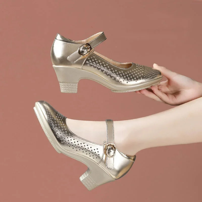 5.5cm 7.5cm Small Size 33 Breathable Cutout Block Heels Shoes Mary Janes 2026 Soft Leather Platform Pumps for Mom Dance Model Pi-Mart