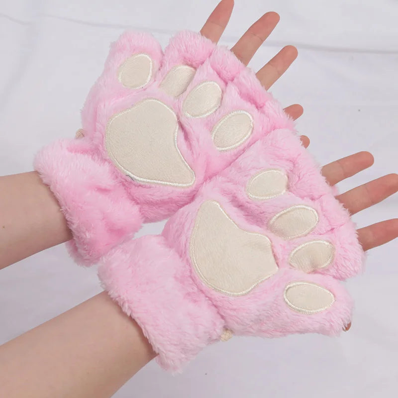 Women Cartoon Cat Claw Gloves Thickened Plush Lovely Style Bear Paw Exposed Fingers Half Winter Mittens Warm Girls Gift Gloves Pi-Mart