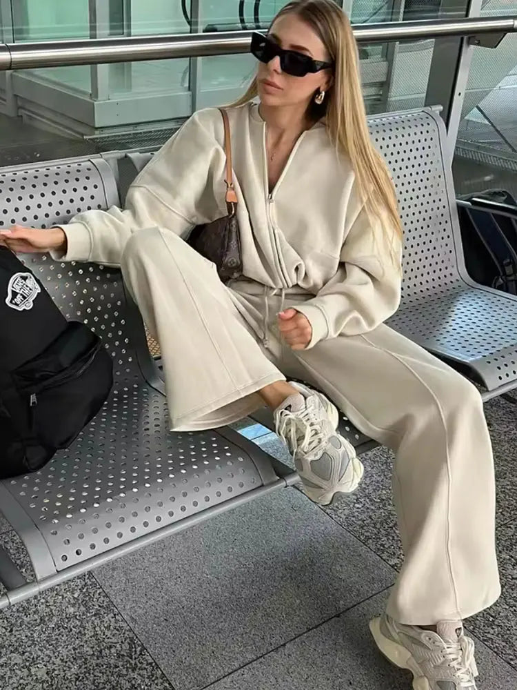 HH Women's Fall 2-Piece Retro Solid Color Zip Bomber Jacket Sweatshirt+High Waist Lace Up Women's Wide Leg Pants Street Wear LadyShow.Store