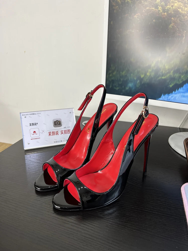 Black Fish Mouth Open toed Ultra High Heels 12cm Rear Tripstrap Thin Heel European and American Sexy Women's Large Sandals Pi-Mart