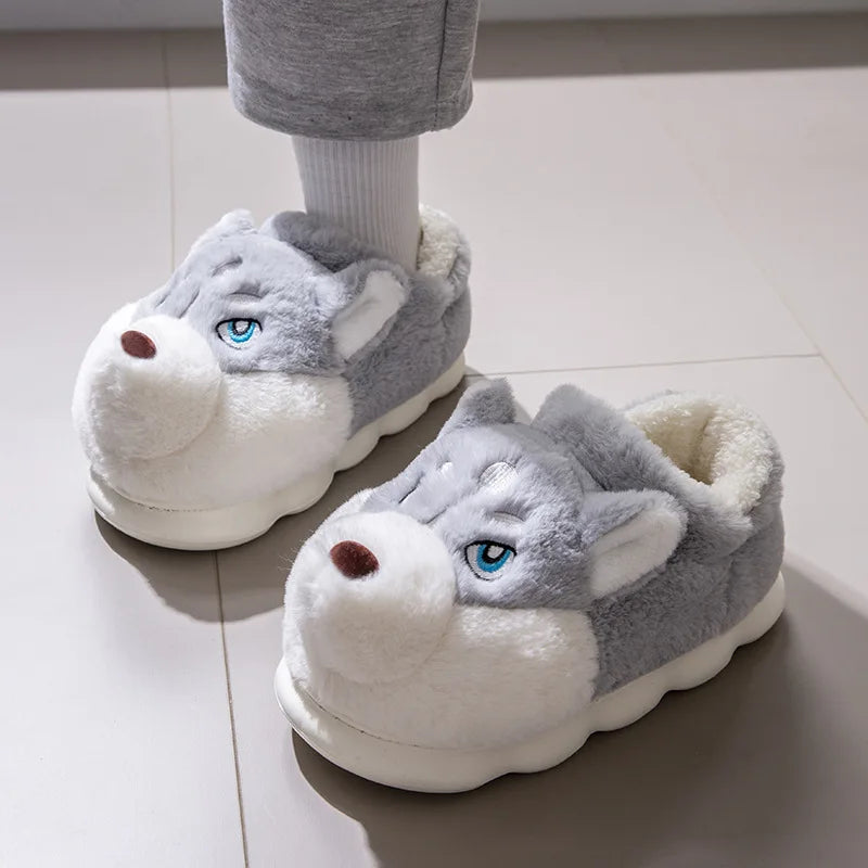 Plus Size 50 Indoor Fluffy Slippers For Women Men Winter Warm Shoes Cute Cartoon Dog Light Weight Couples Home Floor Slipper LadyShow.Store