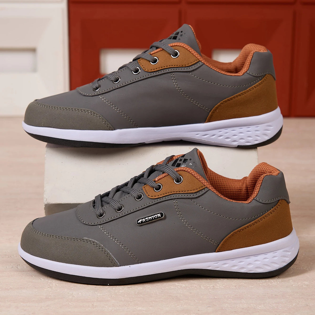 ZERJER New Arrival Men's Comfortable Casual Shoes, Fashion Leather Non-slip Sneakers, Breathable Lightweight Flat Shoes for Dail Pi-Mart