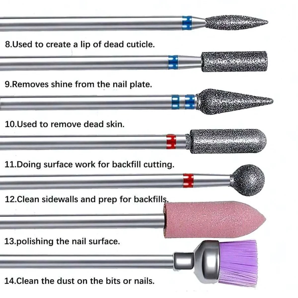 14pcs/set Nail Drill Machine Bit Nail Gel Removal Polishing Tools Pedicure Manicure Rotary Grinding Buffer Polisher Tri Light Beauty