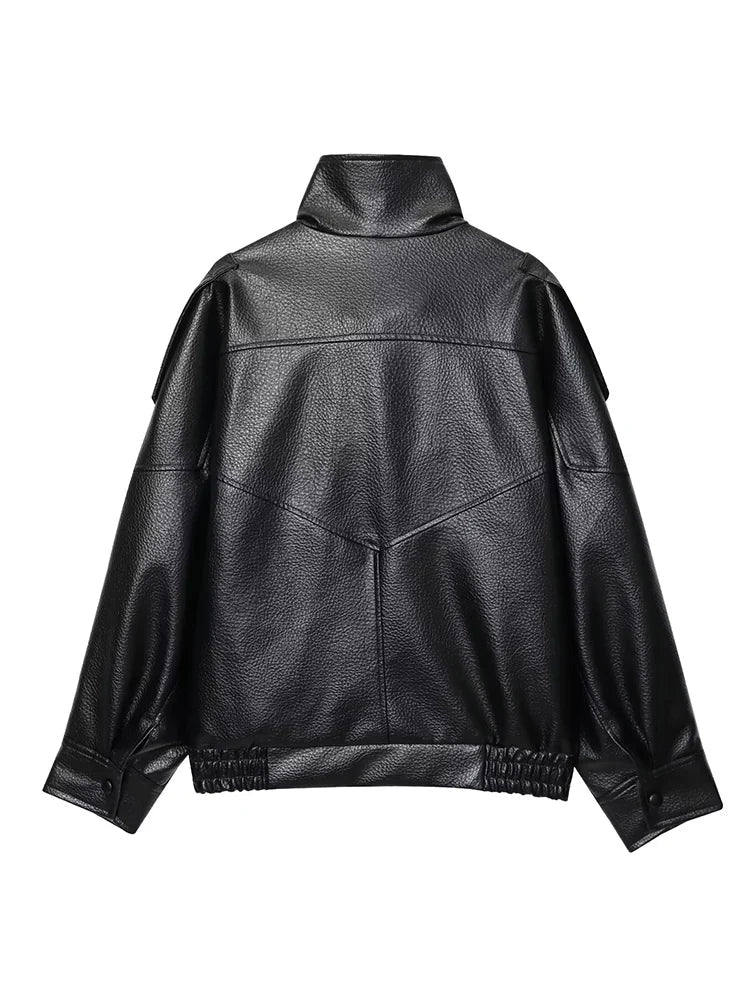 Women Fashion Leather Jacket Autumn Winter Loose Causal PU Faux Leather Jackets Coat Fashion Street Motorcycle Jackets LadyShow.Store