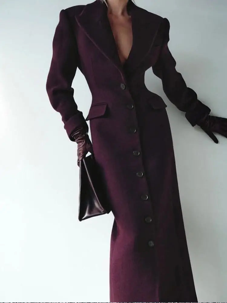 Women's Long Coat Slim V Neck Single Breasted Overcoats Shoulder Pad Maxi Jackets with Belt 2025 New Winter Lady Commute Outwear LadyShow.Store