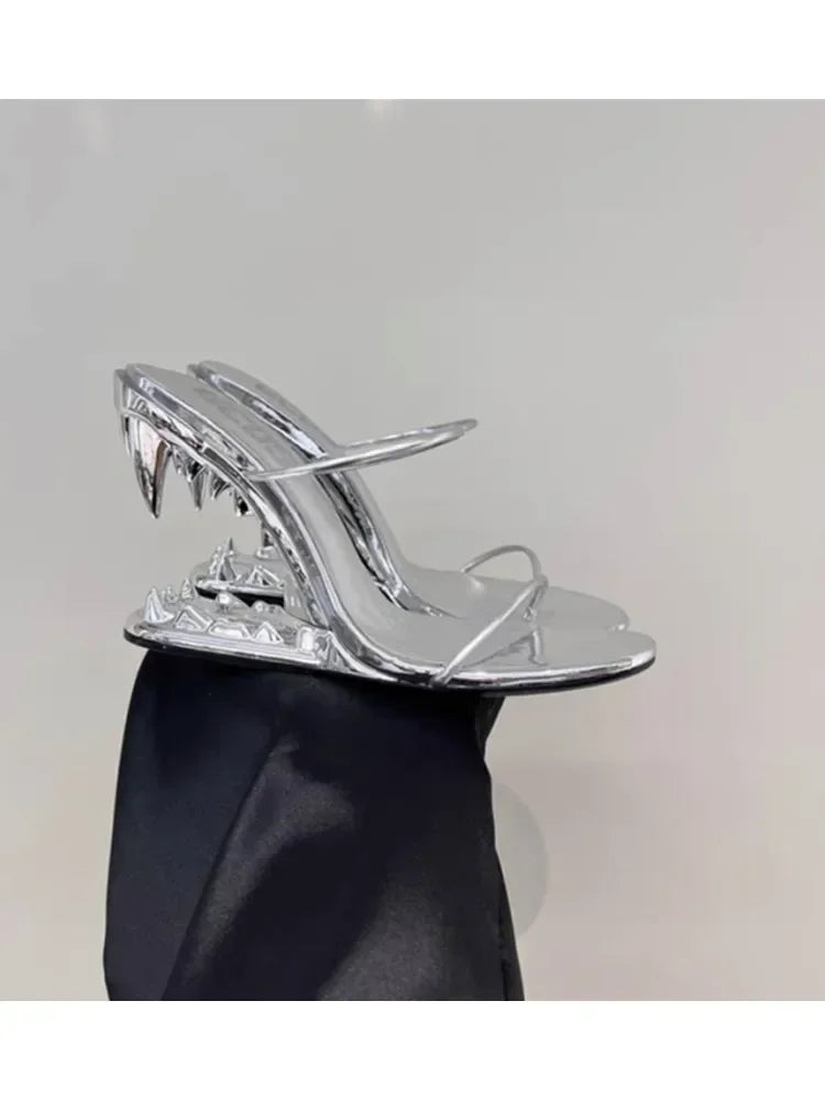 2026 Summer New Metal Tiger Teeth Single Shoes, High Heels, Fashion Show, Women's Wear, Size 44 Women's Sandals LadyShow.Store