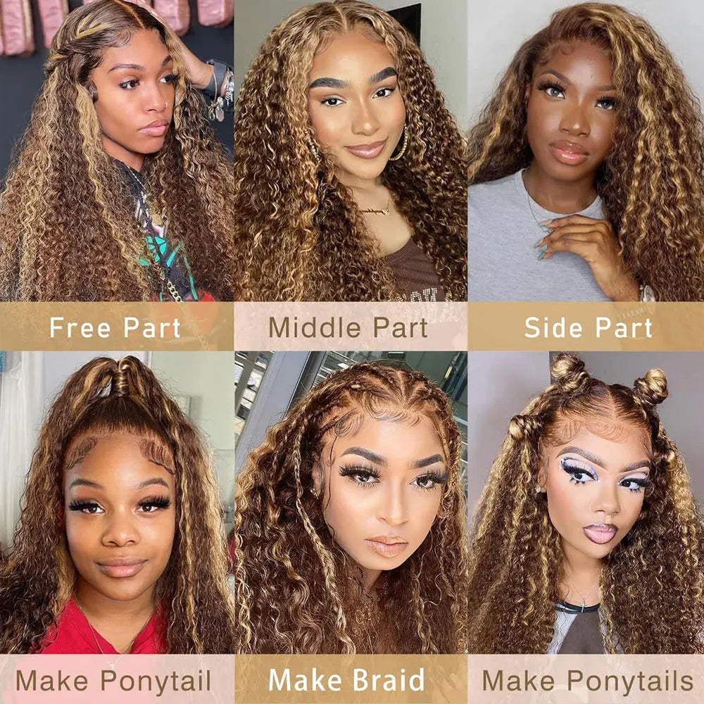 Highlight Curly Wig 13x4 Lace Front Wig Human Hair Wigs Glueless HD Deep Wave Lace Frontal Wig 4/27 Colored Wigs PrePlucked LadyShow.Store