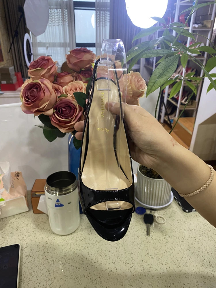 Black Fish Mouth Open toed Ultra High Heels 12cm Rear Tripstrap Thin Heel European and American Sexy Women's Large Sandals Pi-Mart