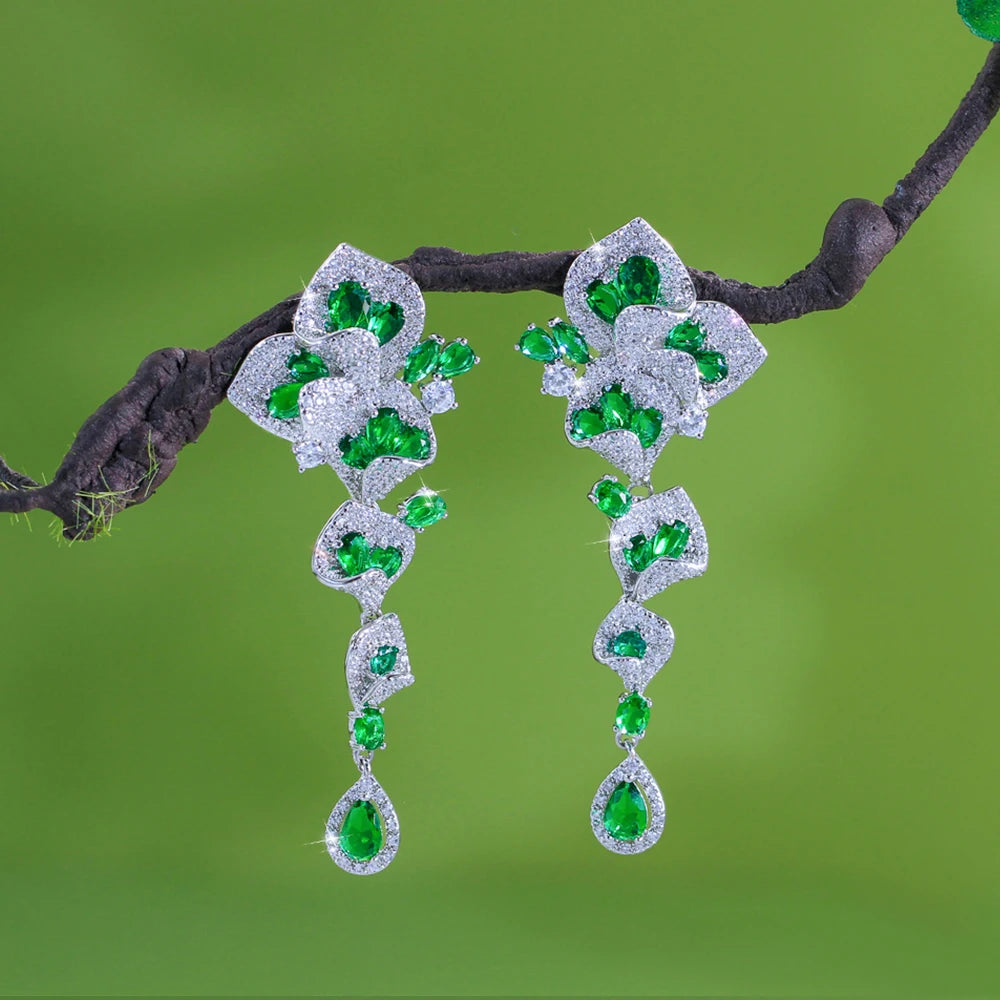 CWWZircons Elegant Green CZ Crystal Flower Water Drop Long Dangle Earrings for Women Beautiful Wedding Party Jewelry Gifts E1159 Pi-Mart
