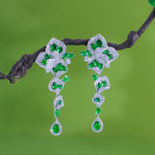 CWWZircons Elegant Green CZ Crystal Flower Water Drop Long Dangle Earrings for Women Beautiful Wedding Party Jewelry Gifts E1159 Pi-Mart