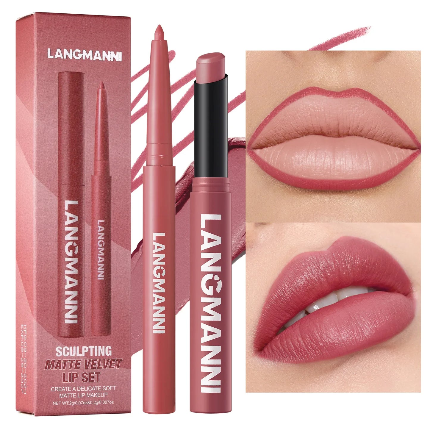2Pcs/set Matte Soft Mist Slanted Mouth Lipstick + Lip Liner Set Combo Light Matte and Non-Drying Waterproof Non-Stick Lip Set LadyShow.Store