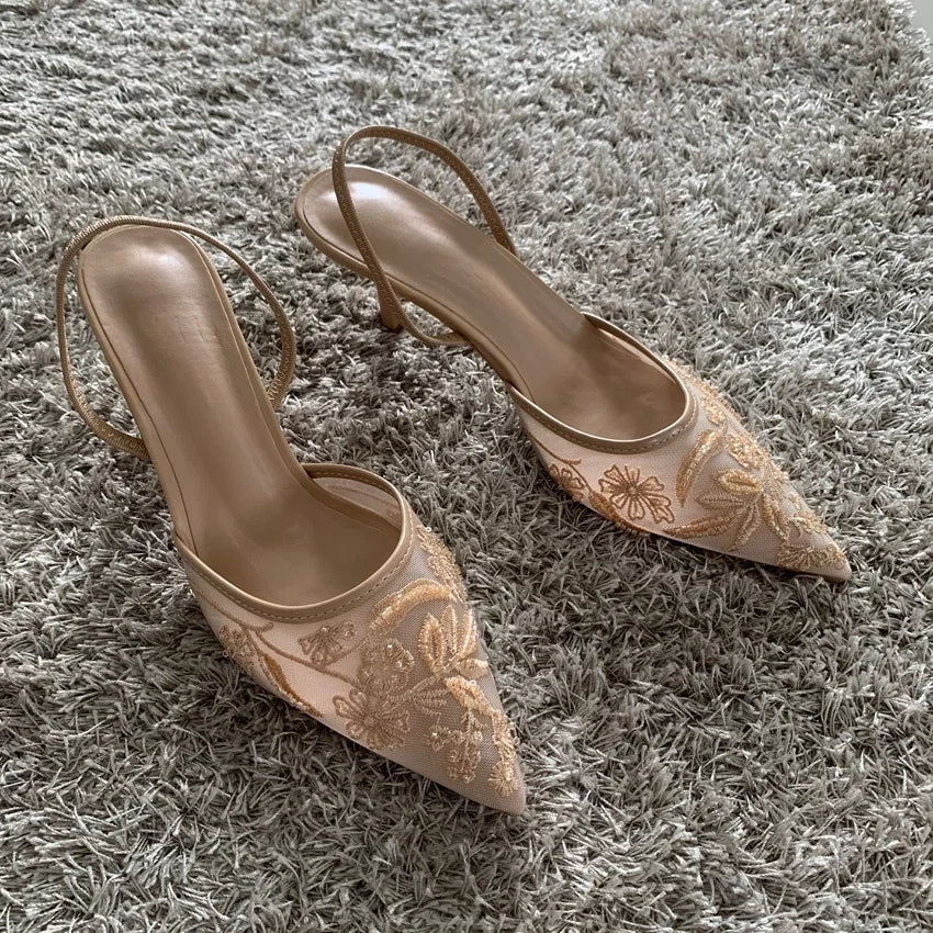 Mesh Embroidered Fashion Sandals Women String Bead High Heels Mules Shoes Pointed Toe Slingback Slippers Women Zapatos De Mujer LadyShow.Store