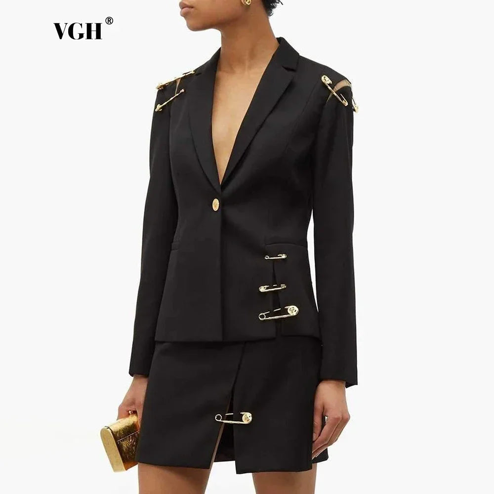 VGH Chic Spliced Metal Pin Slimming Blazer for Women Notched Collar Long Sleeve Patchwork Mesh Hollow Out Fashion Jacket Female LadyShow.Store