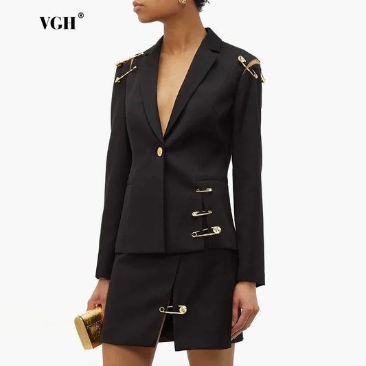 VGH Chic Spliced Metal Pin Slimming Blazer for Women Notched Collar Long Sleeve Patchwork Mesh Hollow Out Fashion Jacket Female LadyShow.Store