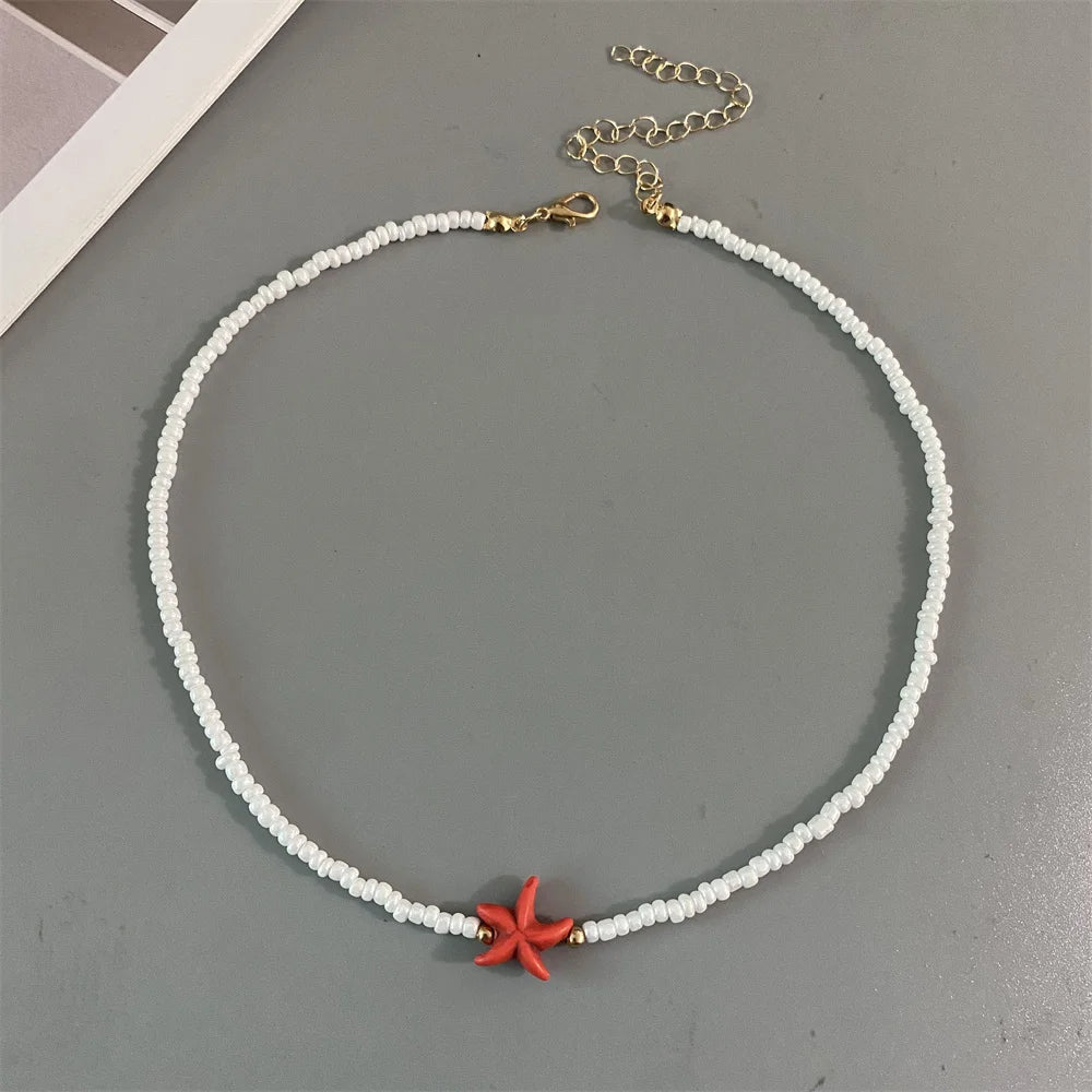 Shell Starfish Woman Short Necklace Summer Holiday Gift Handmade Choker  Seed Beads Neck Jewelry White Pi-Mart