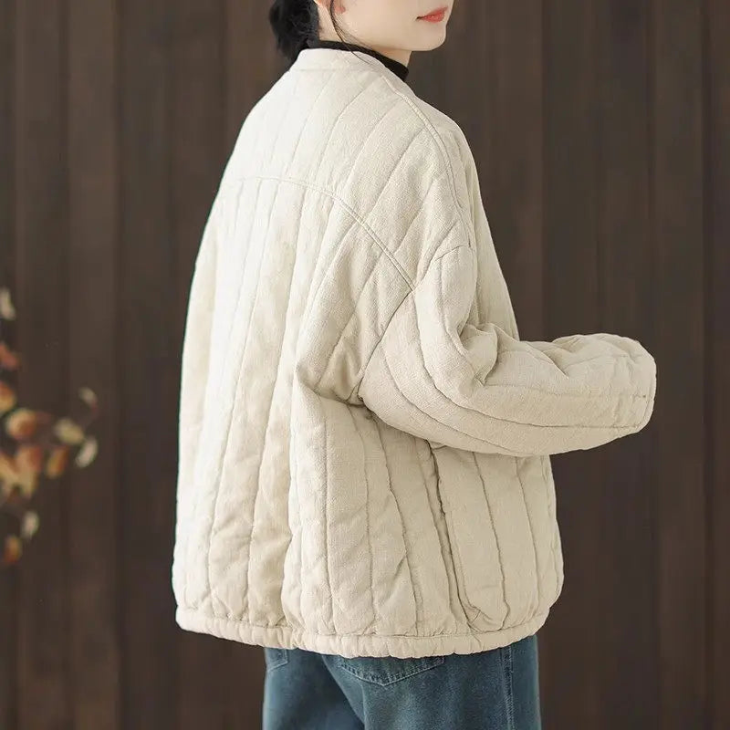 Cotton And Linen Women's Quilted Jacket 2026 New Spring Autumn Retro Chinese Style Short Thick Casual Padded Coat Top K2675 LadyShow.Store