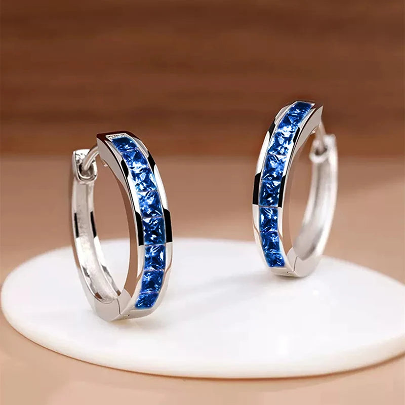 Huitan Hoop Earrings with Princess Cubic Zirconia Exquisite Ear Circle Earrings for Women Silver Color Fashion Versatile Jewelry Pi-Mart