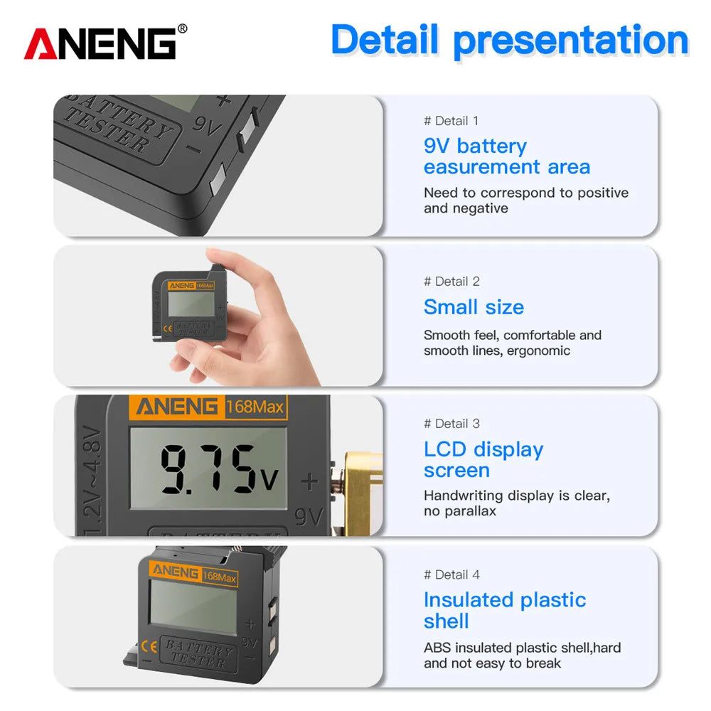 ANENG 168MAX Self Powered Digital LCD Battery Checker AA AAA C D 9V Button Cell 18650 Lithium Cell Voltage Capacity Test Tool Pi-Mart