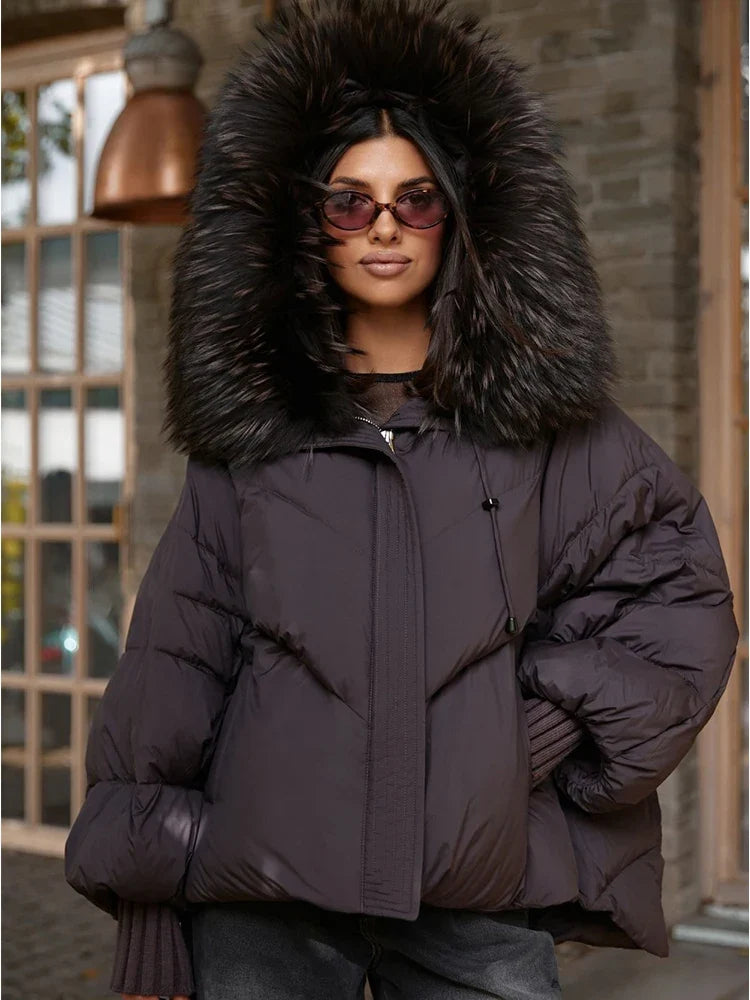 Women Winter Goose Down Jackets Real Fox Fur Collar Hooded Thick Natural Raccoon Fur Female Outwear Warm Loose Puffer Coats LadyShow.Store