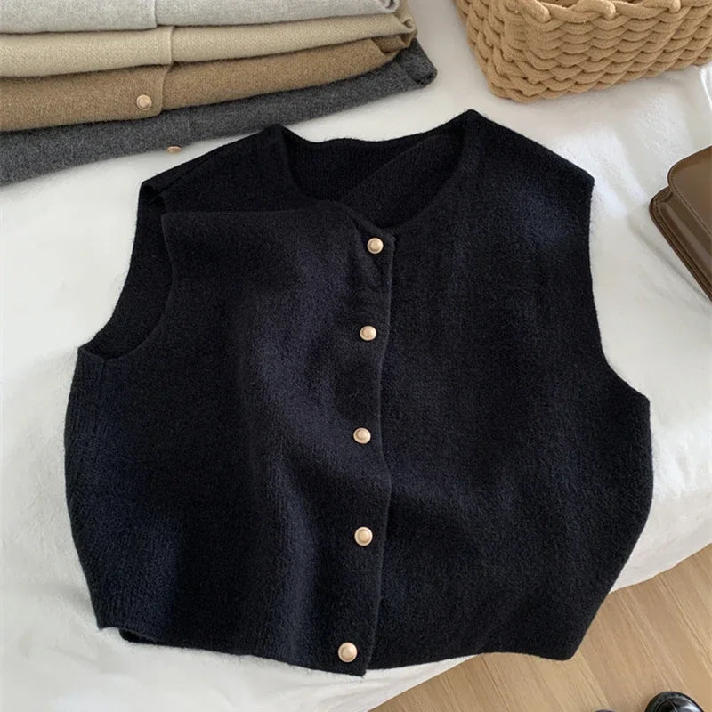 Women Sweater Vest Gold Button Up Waistcoat Soft Knitted Sleeveless Cardigan Jacket Top Fall Winter Korean Ladies Chic Outfit LadyShow.Store