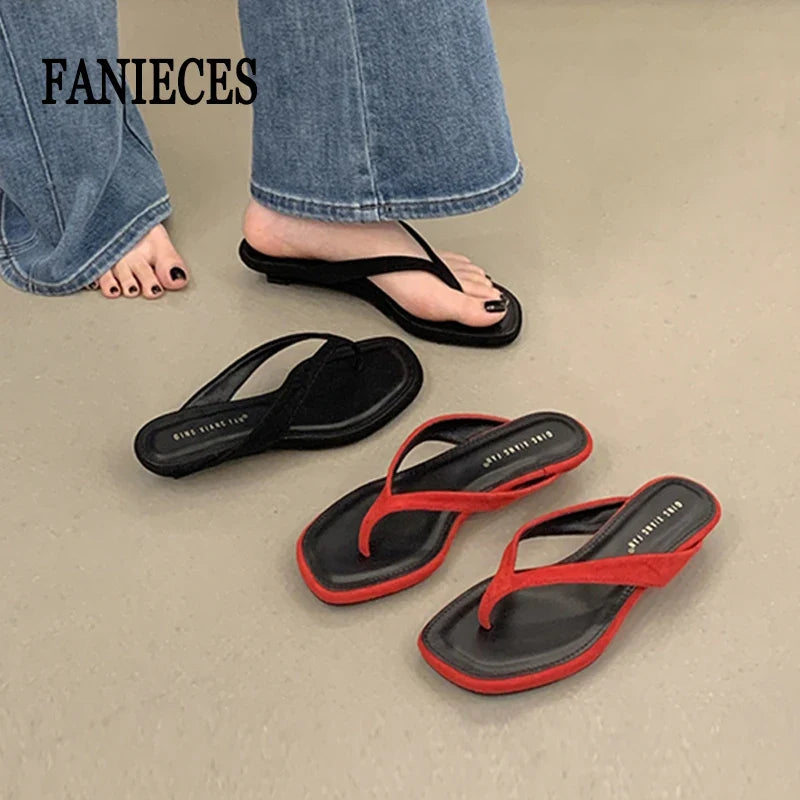 ZAROY Red Women's Flip Flops Summer Slippers Square Clip Toe Thin Low Heels Casual Beach Mules Slides Thongs Sandals Zapatos LadyShow.Store