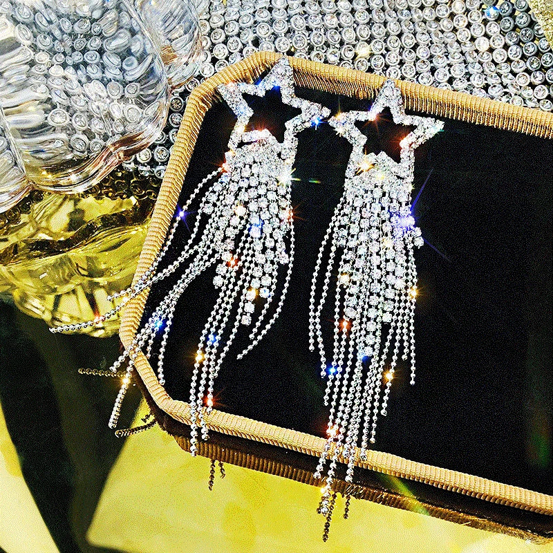 Shiny Crystal Zircon Long Stud Earrings for Women Geometric Hanging Drop Tassel Earring Fashion Party Vintage Pendant Jewelry Pi-Mart