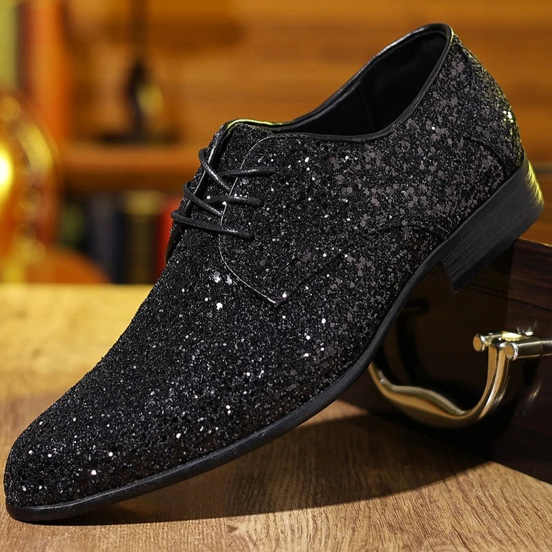 Luxury Men Dress Shoes Gold Silver Sequin Wedding Shoes High Quality Lace-Up  Oxford Shoes Fashion Designer Men Flats Large Size Pi-Mart