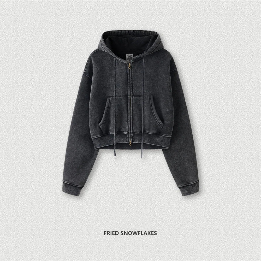 ZODF Retro 2025 Winter Women Short Zipper Hoodies Female Girls Loose 355gsm Thick Fleece Hooded Zip-up Coat Streetwears HY0448 LadyShow.Store