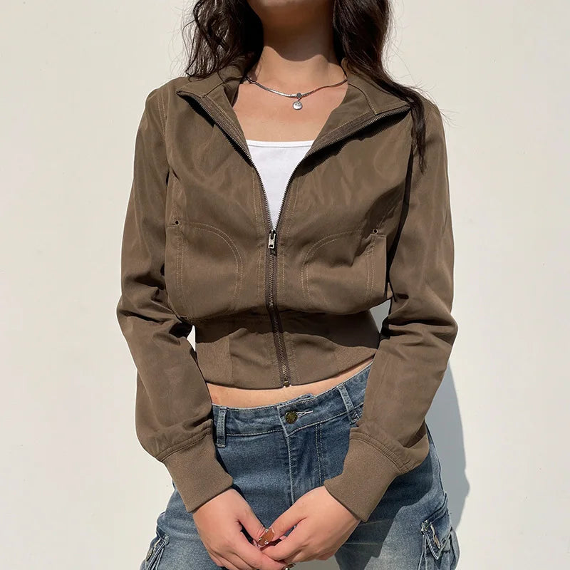Vintage Cropped Jackets for Women Harajuku Casual Slim Fit Zipper Coat Y2K Streetwear Long Sleeve Outerwear Autumn LadyShow.Store