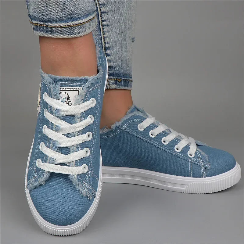 2024 Spring Summer Women Canvas Sneaker Low Top Denim Sneakers Ladies Lace-Up Flat Canvas Board Shoes Female Sapatos Femininos Pi-Mart