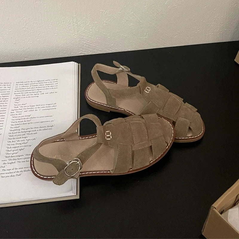 DIMANYU Women's Roman Sandals 2026 Summer New Flat Retro Real Leather Ladies Sandals Hollowed Women's Cage Shoes LadyShow.Store