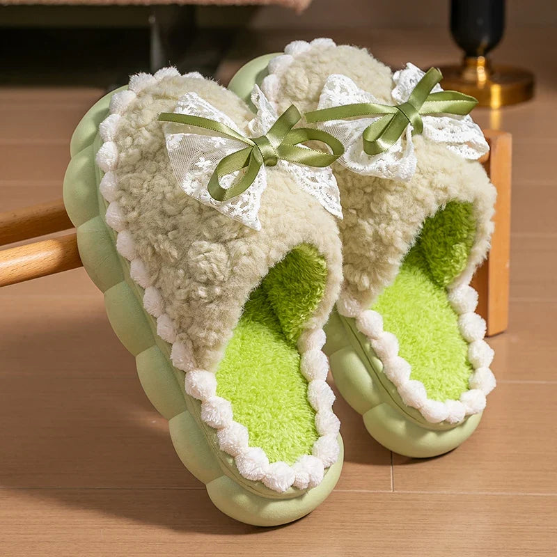 Winter Warm Fur Slippers For Women Thick-Soled Household Slippers Cute Bow Non Slip Soft Home Shoes Indoor Plush Women's Slipper LadyShow.Store