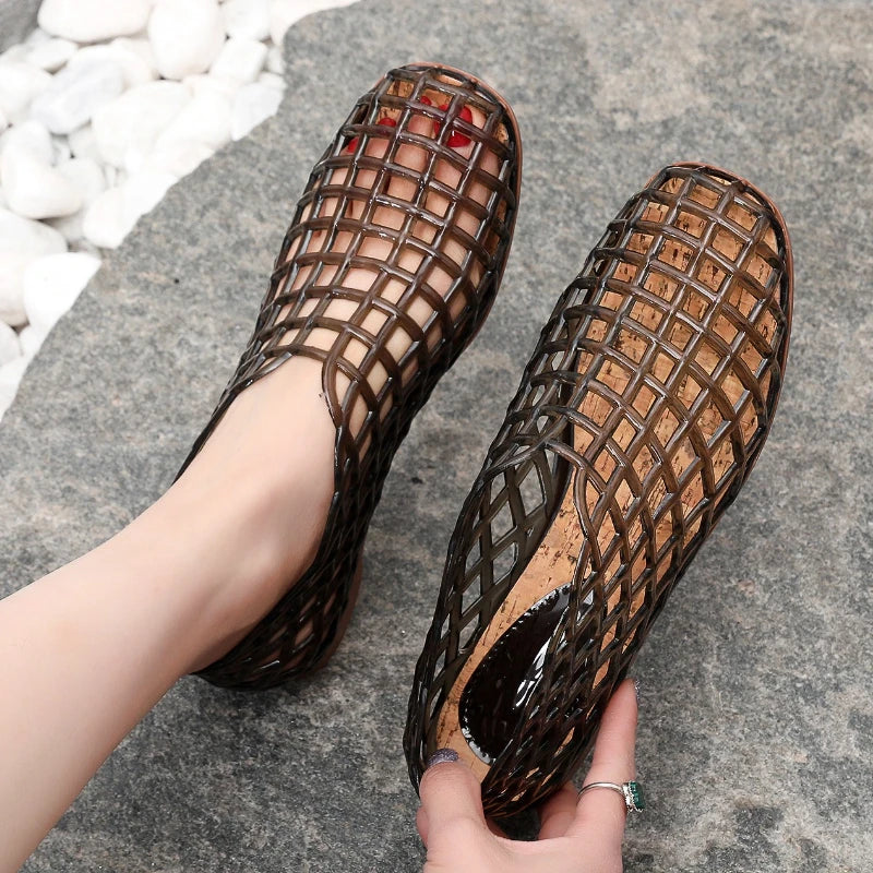 New 2026 Women Leisure Jelly Sandals Cut-out Soft PVC Breathable Summer Flat Shoes Close Toe Female Street Flats LadyShow.Store