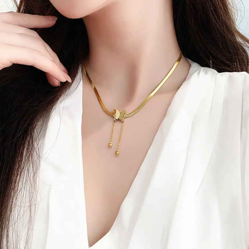Stainless Steel Frosted Butterfly Necklace For Women Gold Silver Color Snake Chain Choker Necklace Female Fashion Party Jewelry Pi-Mart