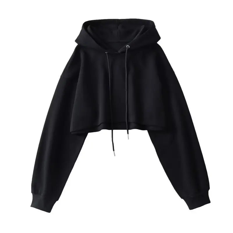 Sexy Short Hooded Sweatshirts Women Fashion Solid Color Long Sleeve Crop Tops Korean Streetwear Pullover Hoodies Female LadyShow.Store